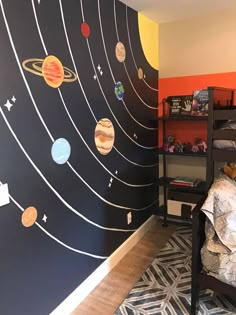 a bedroom with a space theme painted on the wall