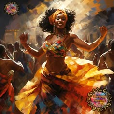 a painting of a woman dancing in a colorful dress