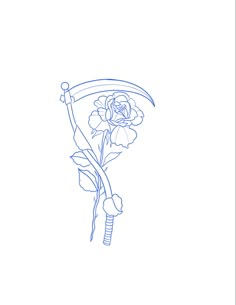 a blue line drawing of a rose with a ribbon around it's neck and an arrow in the middle