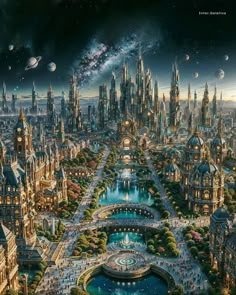 an artist's rendering of a futuristic city with lots of buildings and planets in the sky