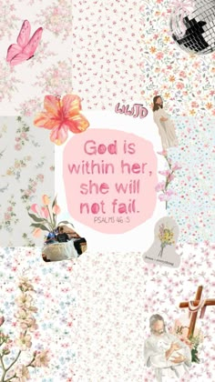 the words god is within her, she will not fail in pink and white flowers