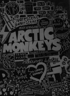 the words arctic monkeys written in black and white on a piece of paper that has graffiti all over it