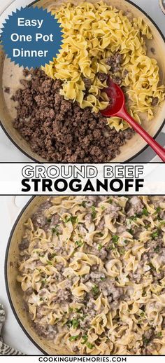 two images showing the steps to make ground beef stroganoni in a skillet