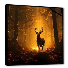 a deer standing in the middle of a forest with bright lights on it's face