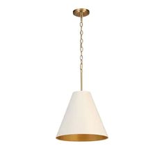 a white and gold pendant light hanging from a ceiling fixture with a chain attached to it