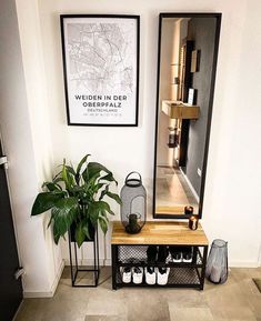 there is a mirror and some shoes on the floor next to a potted plant