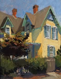 a painting of a yellow house with blue shutters