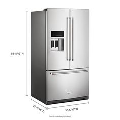 a stainless steel refrigerator and freezer combo with measurements