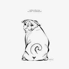 a black and white drawing of a pug sitting on the ground with its head turned to the side