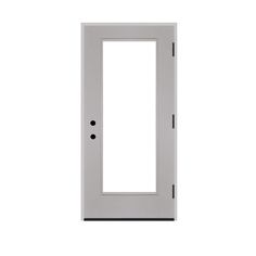 a white door with two black knobs on the front and side panels, against a white background