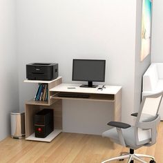 a computer desk with two computers on top of it and a printer in the corner