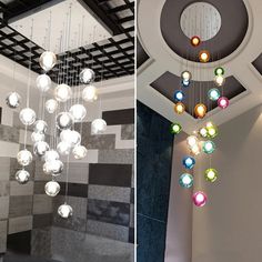 two pictures with different colored lights hanging from the ceiling and on the wall, there is a circular chandelier