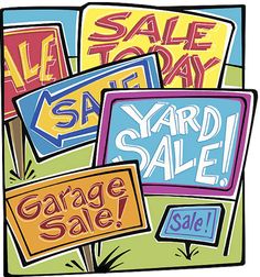 various yard sale signs are shown in this drawing or graphic art style, with the words garage sale written on them