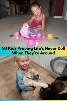 two girls and a dog playing with toys on the floor