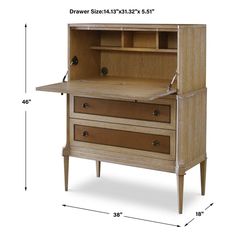 a wooden desk with two drawers and one drawer on the bottom, measurements for each drawer