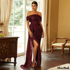 OliviaMark - Uno-cuello sexy largo de lentejuelas banquete de cola de pez pequeña arrastrando vestido de noche vestido Sequin Evening Gowns, Women's A Line Dresses, Wine Dress, Burgundy Dresses, Mermaid Evening Gown, Sequin Bodycon Dress, Cute Prom Dresses, Dress Bra, Women's Evening Dresses