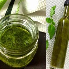 two pictures one with green pesto and the other with basil leaves in a glass jar