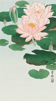 a painting of water lilies floating on top of green leaves