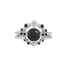 A black center stone is surrounded by an ellipse of black and white graduated stones in this bold 2 ring set. Whimsical Jewelry, Celestial Jewelry, Charm Rings, Fine Jewelry Collection, Art Deco Inspired, Shiny Things, Artisan Jewelry, Ring Set, Ring Sets