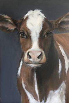 a painting of a brown and white cow