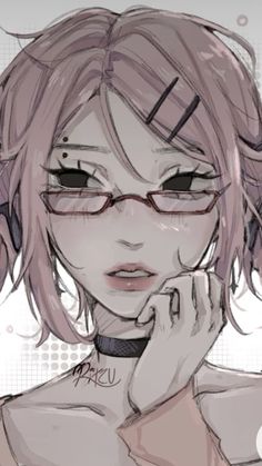 a drawing of a woman with glasses and pink hair, holding her hand to her face