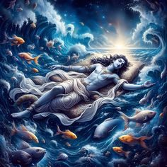 a painting of a woman floating in the ocean surrounded by fish