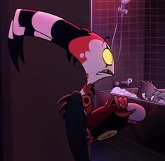 an animated image of a person in a bathroom with a cat on the floor next to him