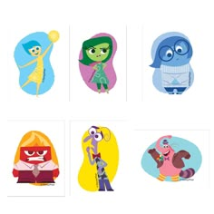 four different pictures of cartoon characters in various colors and sizes, each with their own character