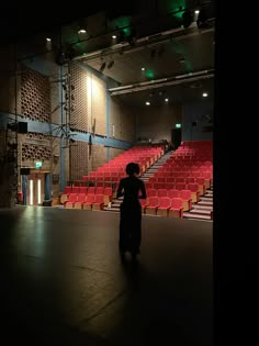 a person standing in an empty auditorium with red chairs