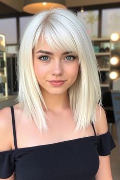 Elevate your style with this sleek, straight platinum lob! 💇‍♀️ The soft, wispy bangs add a touch of effortless charm, framing your face beautifully. Perfect for a modern, polished look with a hint of edge! 💁‍♀️💫 Lob With Fringe Straight Hair, Lob With Fringe Round Face, Shoulder Length Hair Side Bangs, Short Haircut With Wispy Bangs, Shoulder Length Hair With Bangs Straight, Straight Lob With Bangs, Lob With Wispy Bangs, Platinum Lob, Lob With Fringe