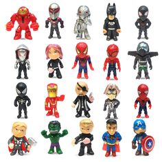 the avengers action figures are all different colors and sizes, including black, red, blue, green, yellow