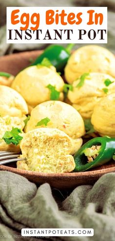 an egg bites in instant pot recipe on a plate with a fork and green peppers