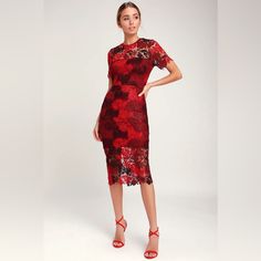 Perfect For A Fall Wedding Guest Dress Size Small Red Sheath Dress For Wedding, Red Short Sleeve Wedding Dress, Red Fitted Lace Prom Dress, Red Lace Dress For Prom, Burgundy Lace Evening Dress, Spring Red Lace Midi Dress, Red Fitted Dress For Wedding Guest, Red Lace Dress For Evening, Spring Burgundy Dresses For Weddings