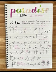 a notebook with some writing on it and the words paradise flow written in different languages