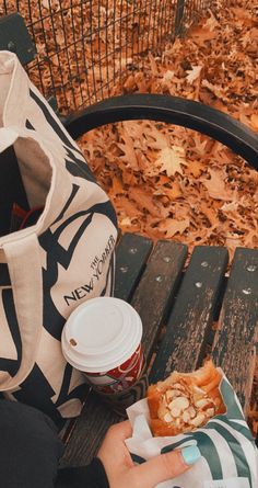 a person sitting on a park bench with a bag and food in front of them