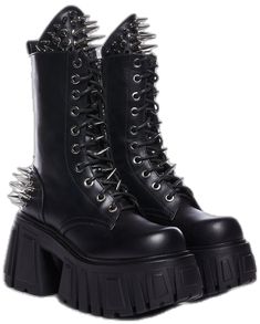 Streetwear Lace-up Combat Boots With Rivets, Edgy High-top Platform Combat Boots, Edgy High-top Combat Boots With Chunky Platform, Punk Style Lace-up Platform Moto Boots, Punk Style Chunky Platform Lace-up Combat Boots, Winter Combat Boots With Platform For Concerts, Edgy Studded Lace-up Platform Boots, Punk Platform Boots With Grommets, Punk Style Platform Boots With Lug Sole For Concert