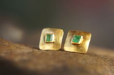 This lovely pair of gold and green emerald earrings Made of 2 mm green emerald (AAA quality) which have been set into a solid 22k yellow gold setting with a beautiful matte finish (can also be polished to a high luster finish) post is made with 20k gold. ear nut is 14k gold This is a one of a kind item These studs are wonderful as a gift, for someone you love, or for yourself. They are suitable for every occasion, for the day, or for the evening. Last forever and only gets more beautiful with ti Gold And Emerald Earrings, Emerald Gold Earrings, Red Ruby Earrings, Green Emerald Earrings, Emerald Studs, 22k Gold Earrings, Ruby Earrings Studs, Beautiful Stud Earrings, Emerald Green Earrings