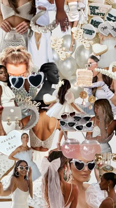 the collage shows many different types of women in white dresses and hats, with one woman