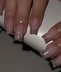 Square Nails New Years, Minimalist Nails Glitter, Gold Glitter Tips Acrylic Nails, Nail Ideas For Birthday, Nails Acrylic New Years Sparkle, Gold Glitter French Tips Acrylics, Nails Glitter French, New Year’s Eve French Nails, Golden French Nails Gold Glitter