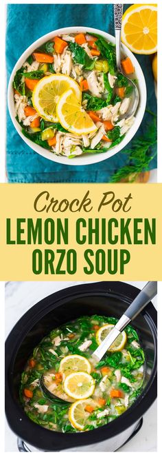 lemon chicken orzo soup in a crock pot with the title text above it