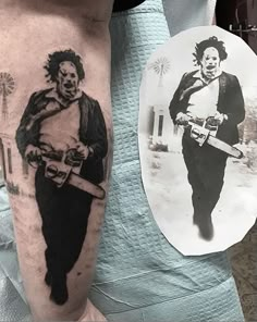 a person with a tattoo on their arm holding a chainsaw and an image of a clown