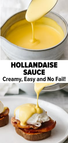 hollandaise sauce is being drizzled on top of an english muffin