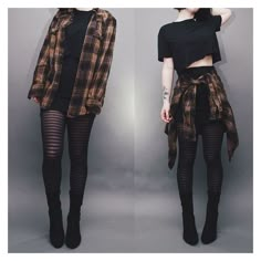 Grunge Style Outfits, Black Tights Outfit, Plaid Shirt Outfits, Converse Outfits, Goth Outfit, Peplum Tops, Black Clothes, Make Up Tutorial