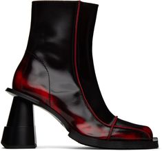 Ankle-high polished leather boots in black. Fading and exposed seams in red throughout. · Square toe · Zip closure at inner side · Suede lining · Cylindrical plastic heel with rubber injection · Treaded rubber sole · Heel: H3 in Supplier color: Red brush off Red And Black Shoes High Heels, Elle Driver, Red Heel Boots, Red And Black Shoes, Bike Boots, Red Leather Boots, Felt Boots, Red Bike, Burgundy Boots