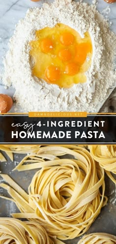 the ingredients for homemade pasta laid out on a baking sheet and then placed in bowls