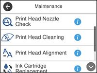 an app showing different types of print head cleaning and ink carriage maintenance instructions on the screen