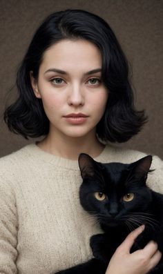 a woman is holding a black cat in her arms and looking at the camera with an intense look on her face