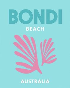 the logo for bondi beach australia on a blue background with pink palm leaves in it