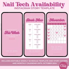 This sassy pink retro calendar template is an Instagram story must-have for busy nail techs! Instantly organize upcoming services and bookings with this cute Instagram story appointment calendar template bundle which includes two story covers, weekly schedule story page and 12 month calendar which go from November 2023, to October 2024. Each template is fully customizable on Canva - these templates make scheduling appointments a breeze! Once you have placed your order you will receive a PDF down Appointments Available This Month, Weekly Availability Template, Nail Schedule Template, Nail Appointments Available Template, Nail Tech Templates, Fully Booked Appointments, Nail Calendar