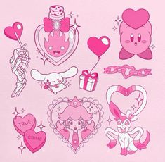 some pink stickers are on a white sheet with hearts and other things in the background